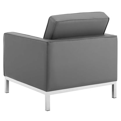 Loft Tufted Button Upholstered Faux Leather Armchair, Faux Vinyl Leather, Grey Gray Silver, 17332
