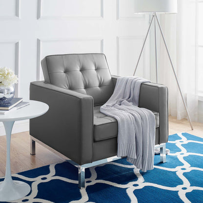 Loft Tufted Button Upholstered Faux Leather Armchair, Faux Vinyl Leather, Grey Gray Silver, 17332
