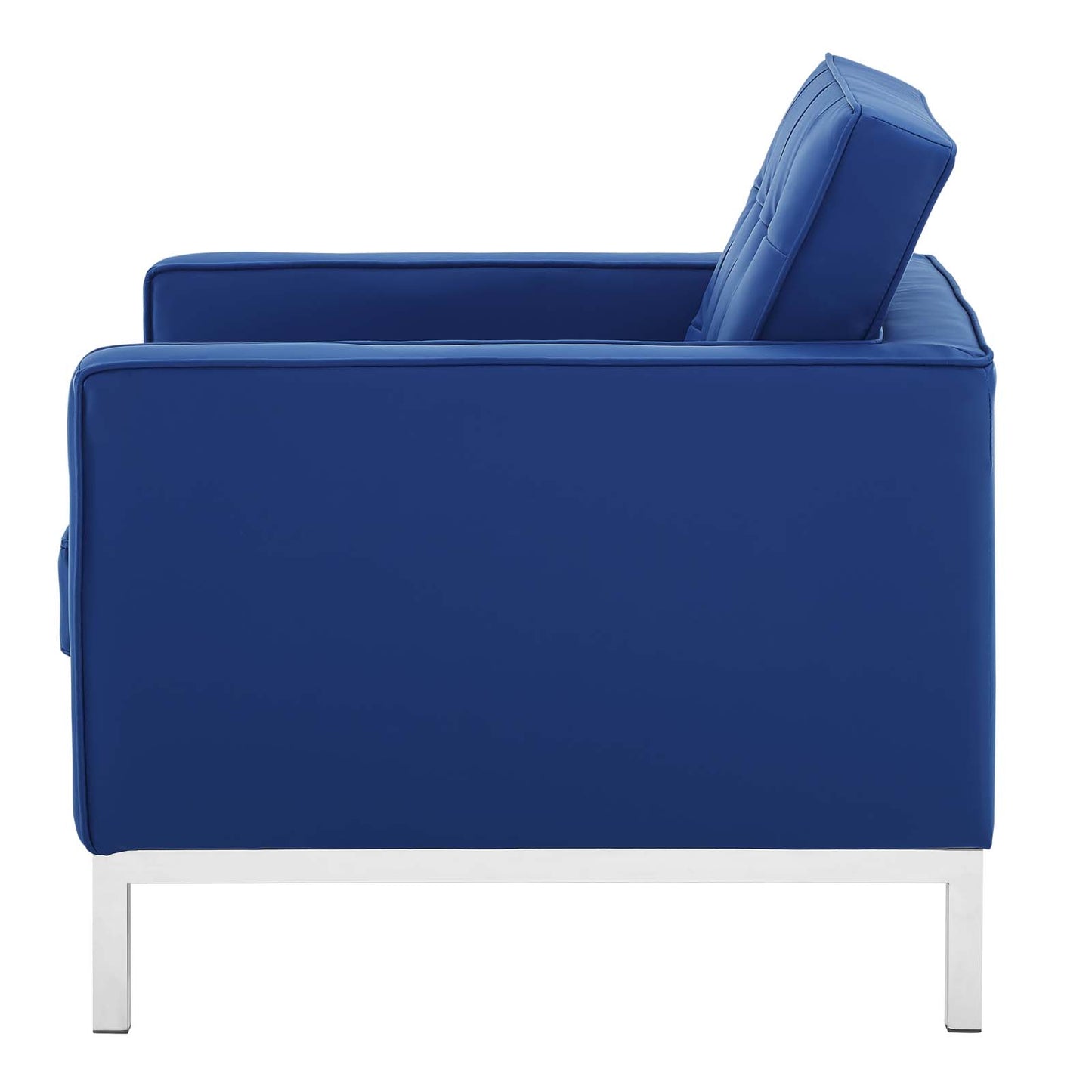 Loft Tufted Button Upholstered Faux Leather Armchair, Faux Vinyl Leather, Navy Blue Silver, 17333