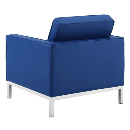 Loft Tufted Button Upholstered Faux Leather Armchair, Faux Vinyl Leather, Navy Blue Silver, 17333