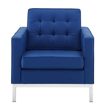 Loft Tufted Button Upholstered Faux Leather Armchair, Faux Vinyl Leather, Navy Blue Silver, 17333