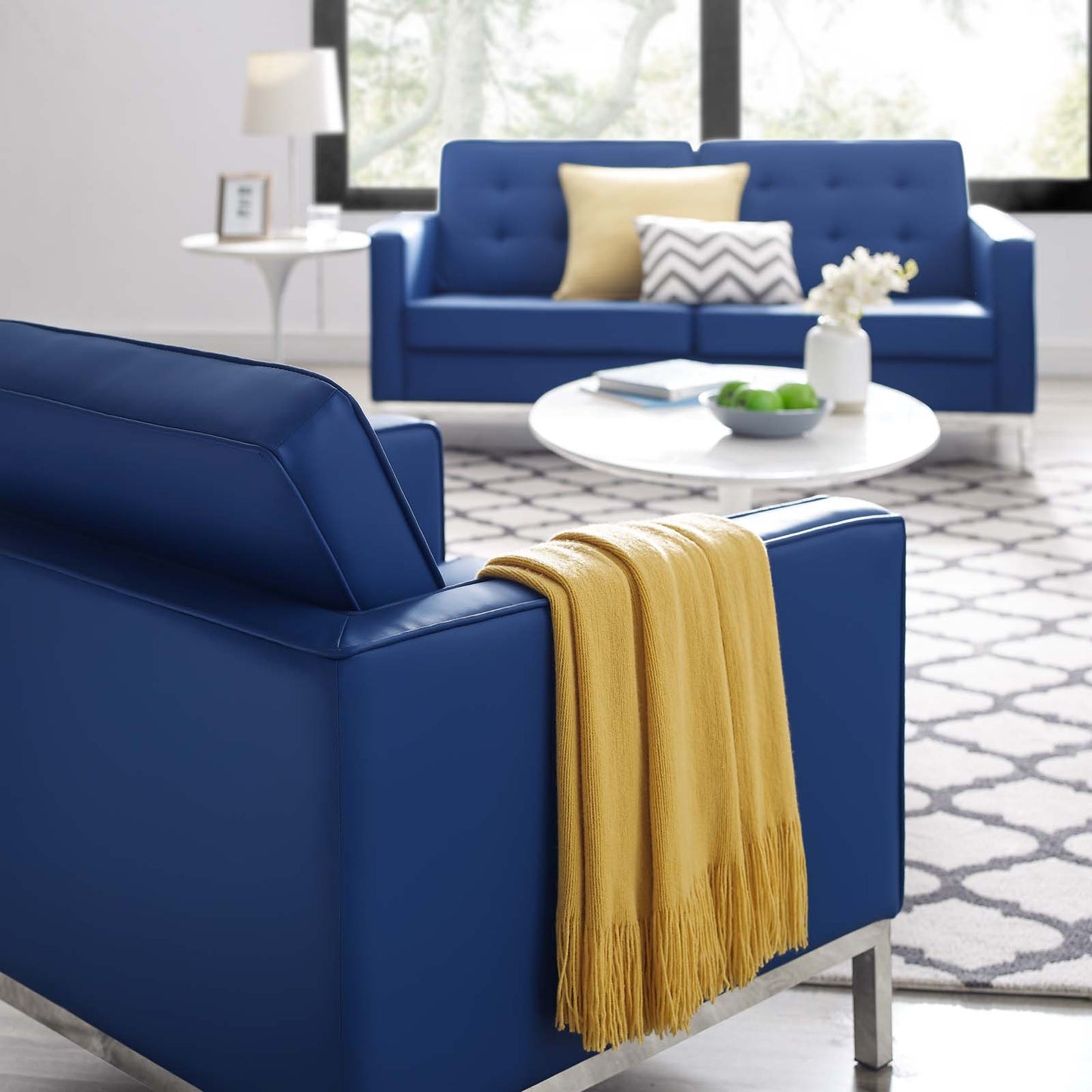 Loft Tufted Button Upholstered Faux Leather Armchair, Faux Vinyl Leather, Navy Blue Silver, 17333