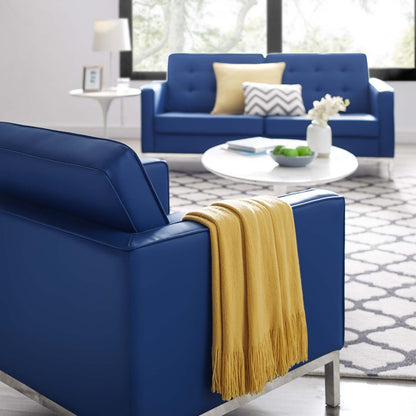 Loft Tufted Button Upholstered Faux Leather Armchair, Faux Vinyl Leather, Navy Blue Silver, 17333