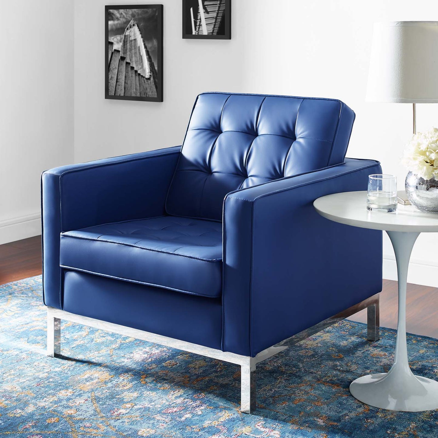 Loft Tufted Button Upholstered Faux Leather Armchair, Faux Vinyl Leather, Navy Blue Silver, 17333