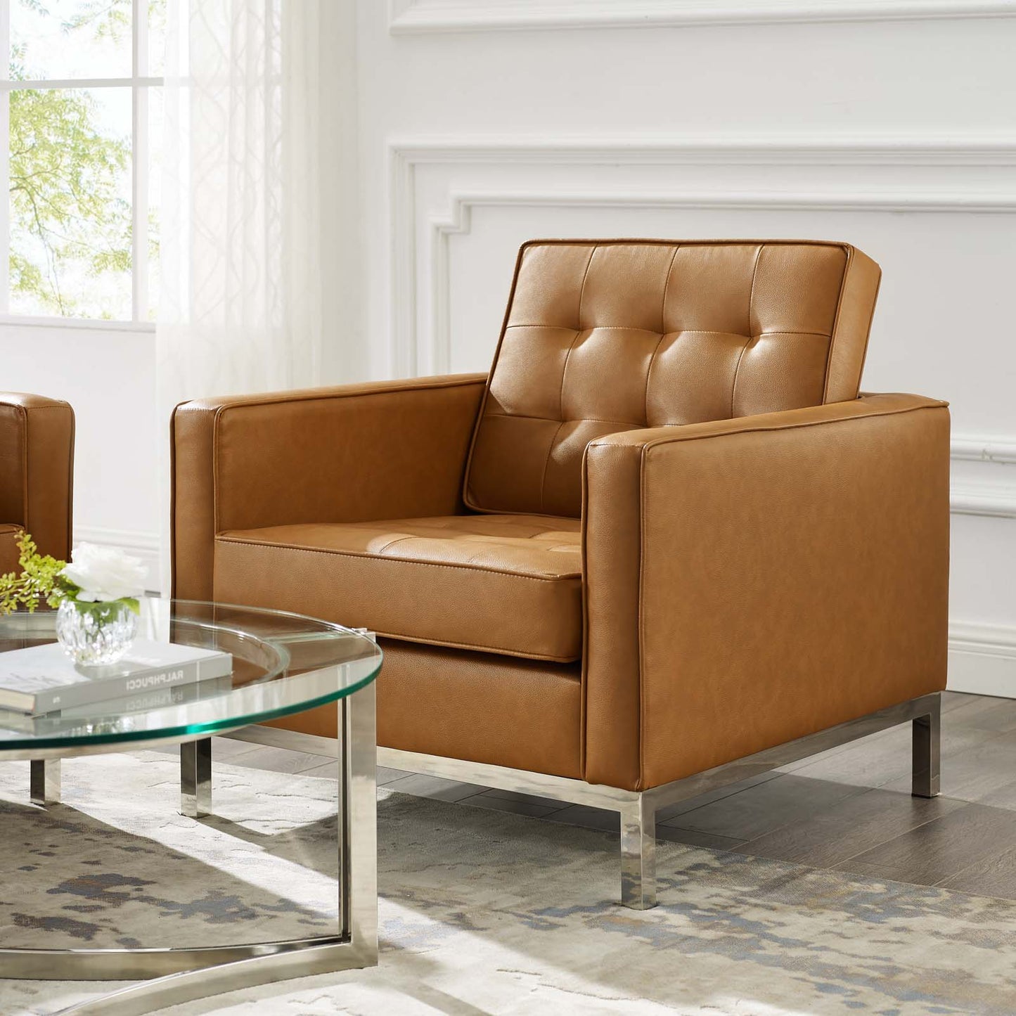 Loft Tufted Upholstered Faux Leather Armchair, Faux Vinyl Leather, Tan Brown, 17807
