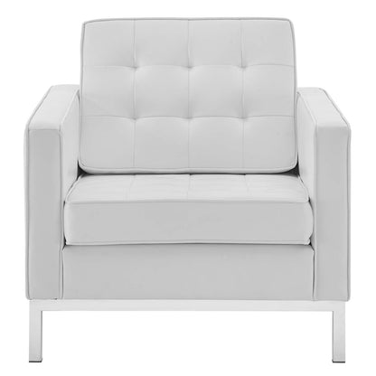 Loft Tufted Button Upholstered Faux Leather Armchair, Faux Vinyl Leather, White, 17334