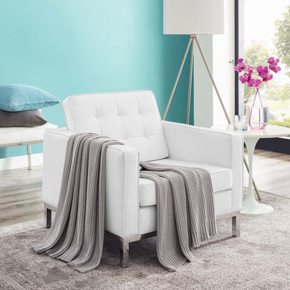 Loft Tufted Button Upholstered Faux Leather Armchair, Faux Vinyl Leather, White, 17334