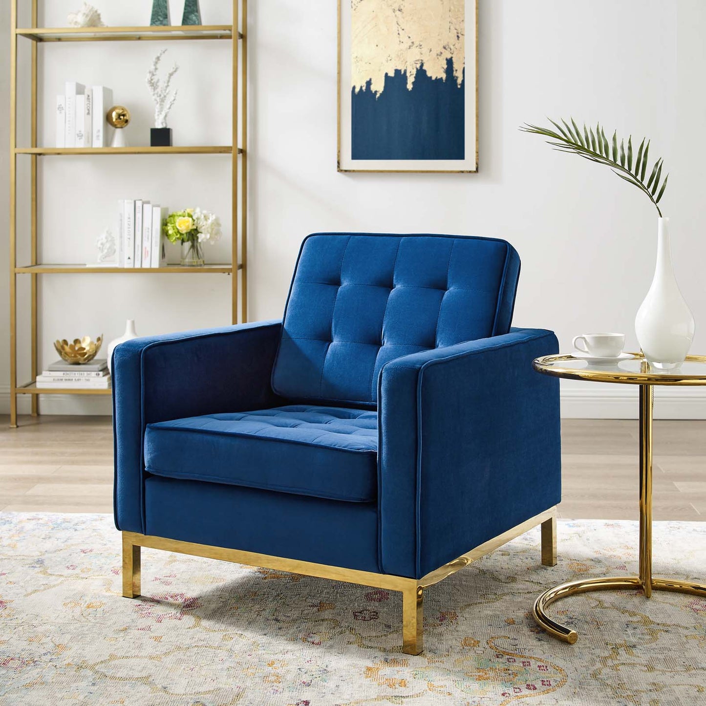 Loft Gold Stainless Steel Performance Velvet Armchair, Velvet Fabric, Gold Blue Navy, 17336
