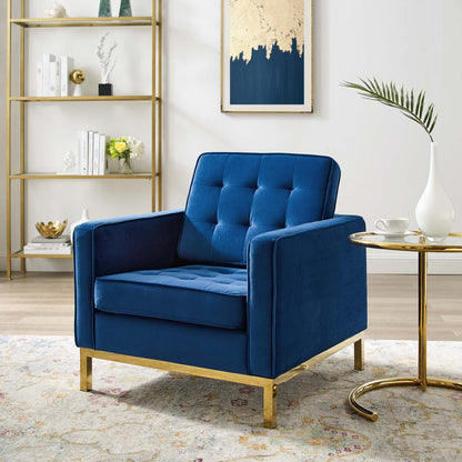 Loft Gold Stainless Steel Performance Velvet Armchair, Velvet Fabric, Gold Blue Navy, 17336