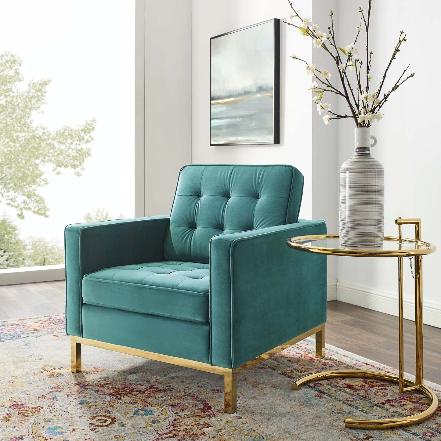 Loft Gold Stainless Steel Performance Velvet Armchair, Velvet Fabric, Gold Aqua Blue, 17337