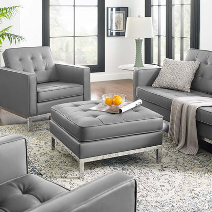 Loft Tufted Button Upholstered Faux Leather Ottoman, Faux Vinyl Leather, Grey Gray Silver, 17339
