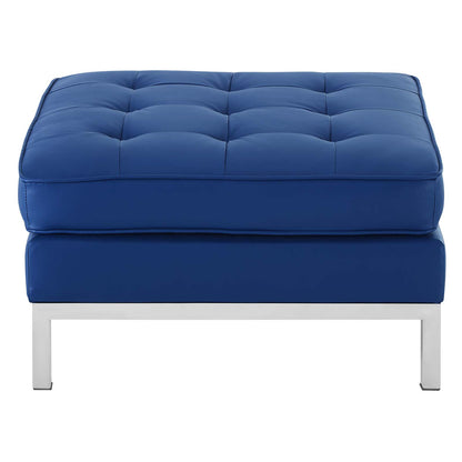 Loft Tufted Button Upholstered Faux Leather Ottoman, Faux Vinyl Leather, Navy Blue Silver, 17340