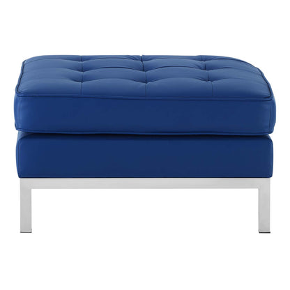 Loft Tufted Button Upholstered Faux Leather Ottoman, Faux Vinyl Leather, Navy Blue Silver, 17340