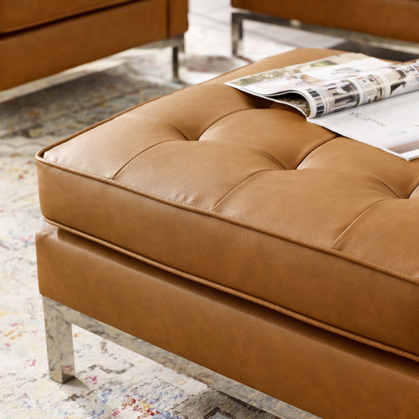 Loft Tufted Upholstered Faux Leather Ottoman, Faux Vinyl Leather, Tan Brown, 17808