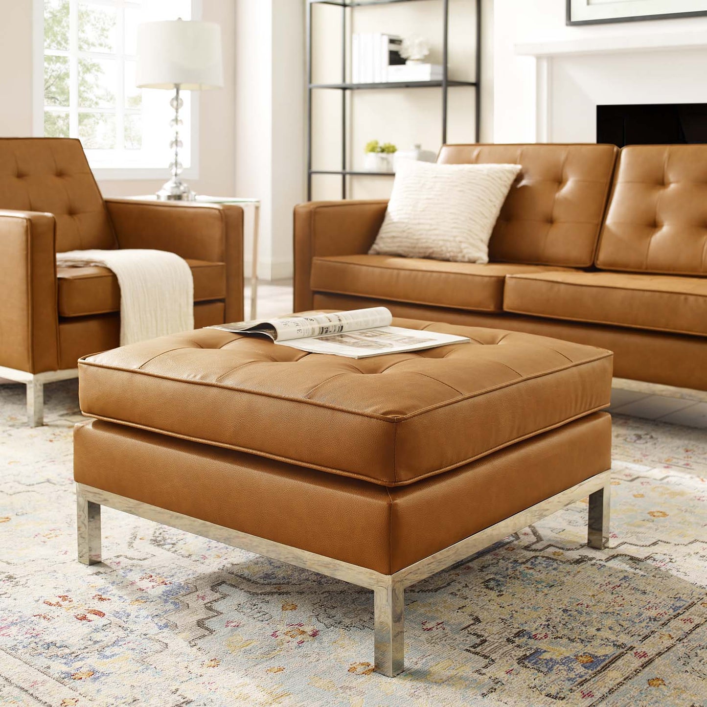 Loft Tufted Upholstered Faux Leather Ottoman, Faux Vinyl Leather, Tan Brown, 17808