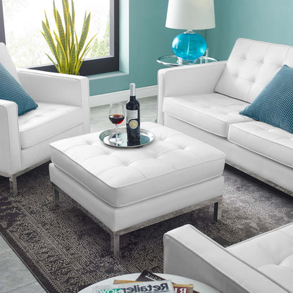 Loft Tufted Button Upholstered Faux Leather Ottoman, Faux Vinyl Leather, White, 17341