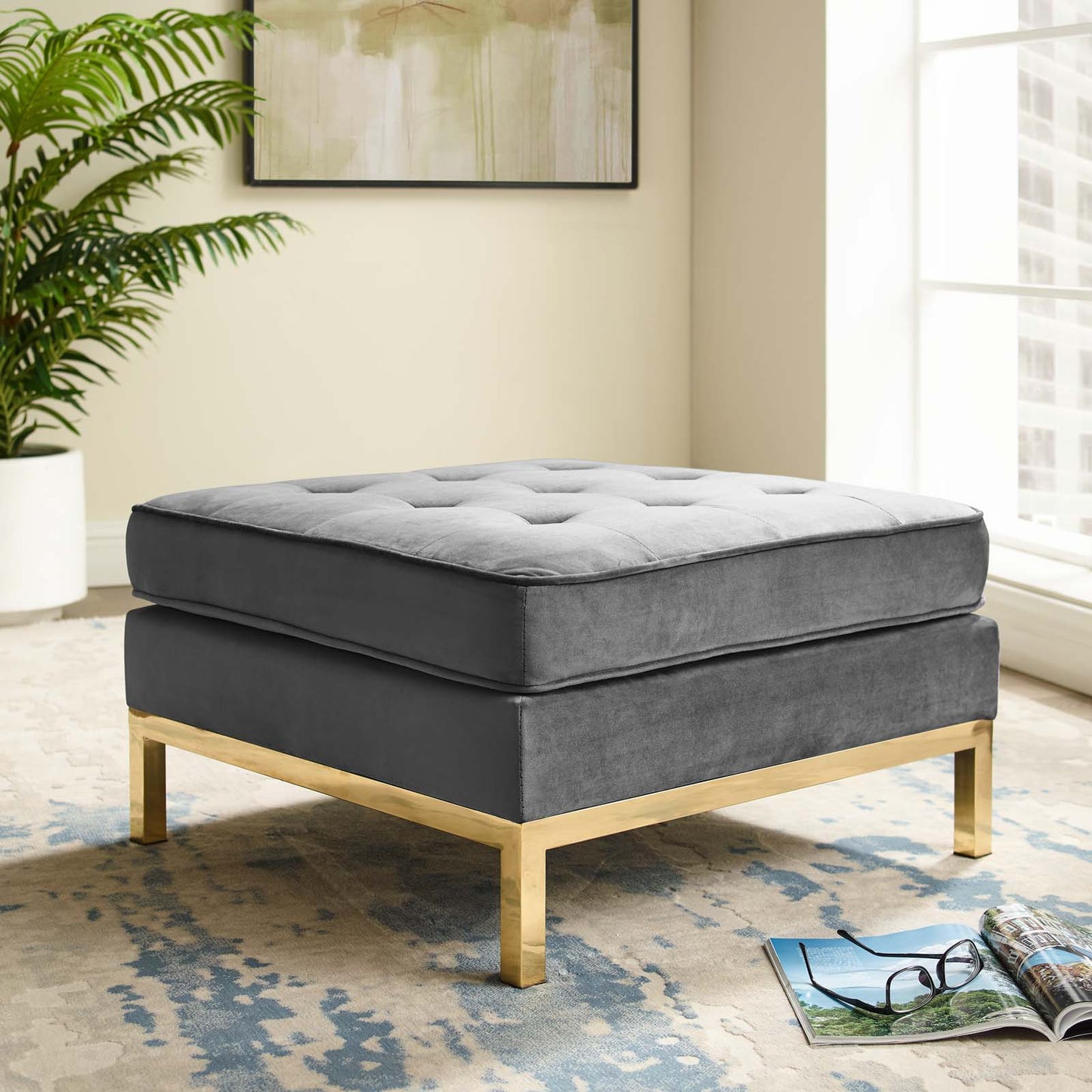 Loft Gold Stainless Steel Leg Performance Velvet Ottoman, Velvet, Steel, Gold Grey Gray, 18186