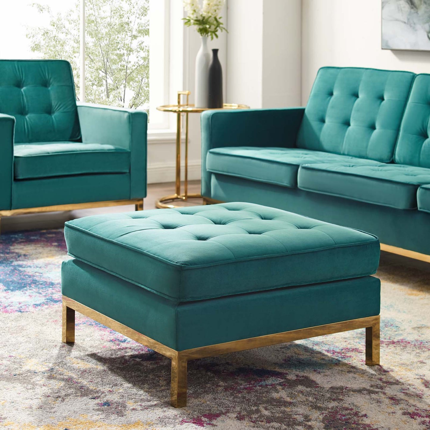 Loft Gold Stainless Steel Leg Performance Velvet Ottoman, Velvet, Steel, Gold Teal Blue, 18188
