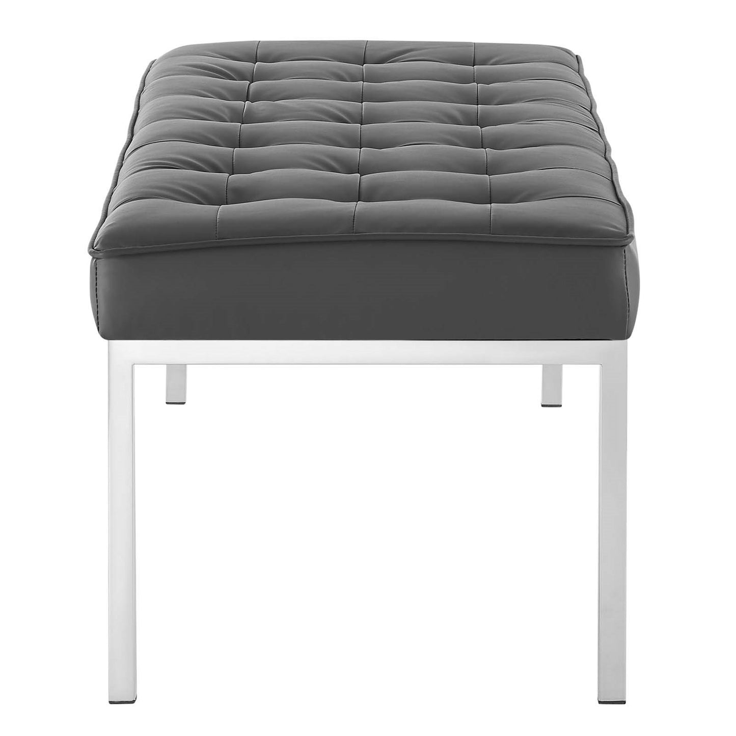 Loft Tufted Button Large Upholstered Faux Leather Bench, Faux Vinyl Leather Metal Steel, Grey Gray Silver, 17342