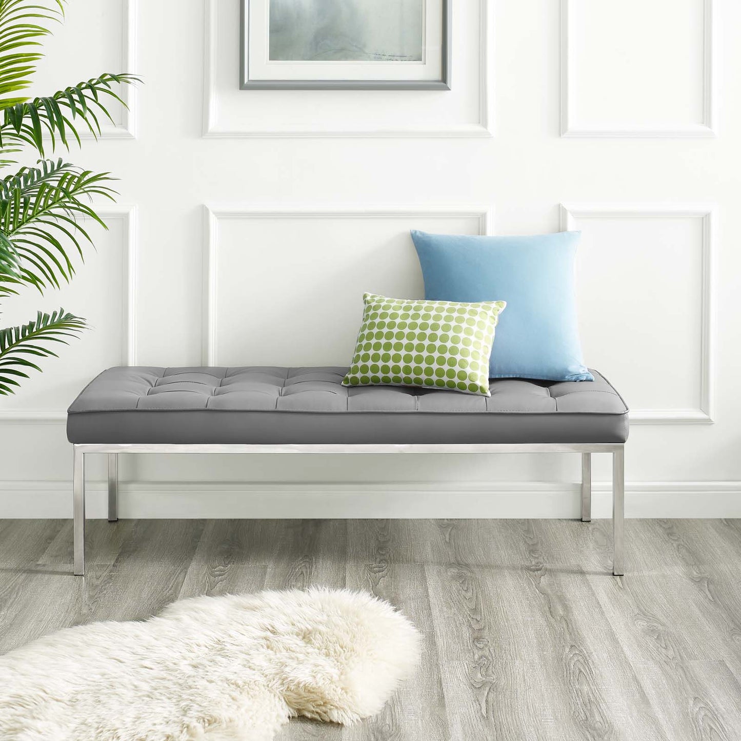 Loft Tufted Button Large Upholstered Faux Leather Bench, Faux Vinyl Leather Metal Steel, Grey Gray Silver, 17342