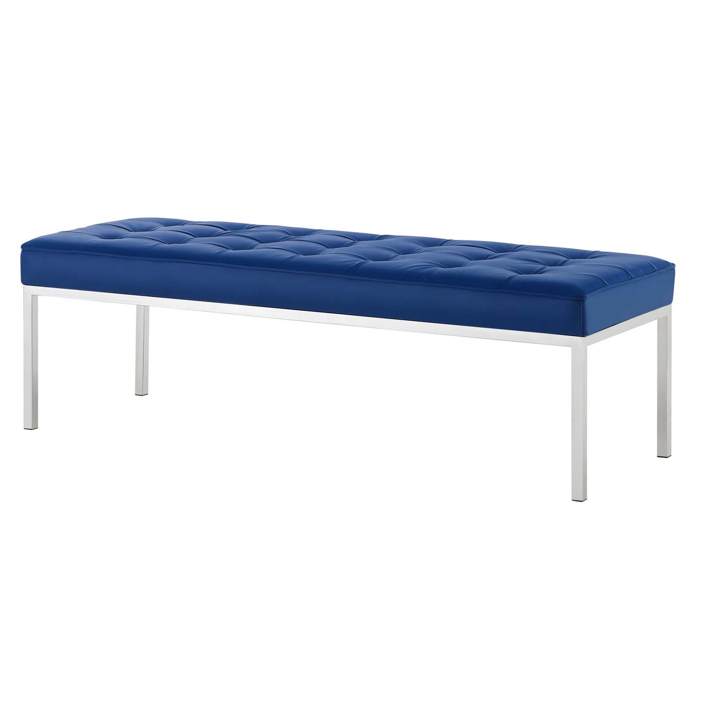 Loft Tufted Button Large Upholstered Faux Leather Bench, Faux Vinyl Leather Metal Steel, Navy Blue Silver, 17343