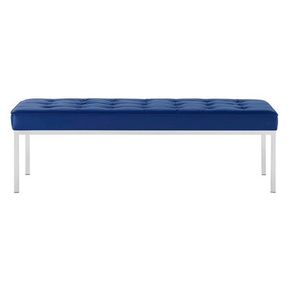Loft Tufted Button Large Upholstered Faux Leather Bench, Faux Vinyl Leather Metal Steel, Navy Blue Silver, 17343
