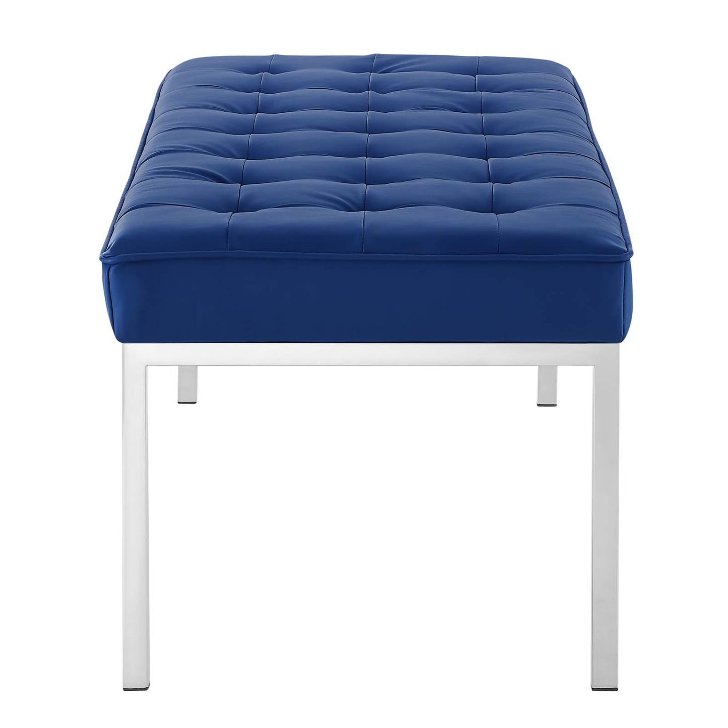 Loft Tufted Button Large Upholstered Faux Leather Bench, Faux Vinyl Leather Metal Steel, Navy Blue Silver, 17343