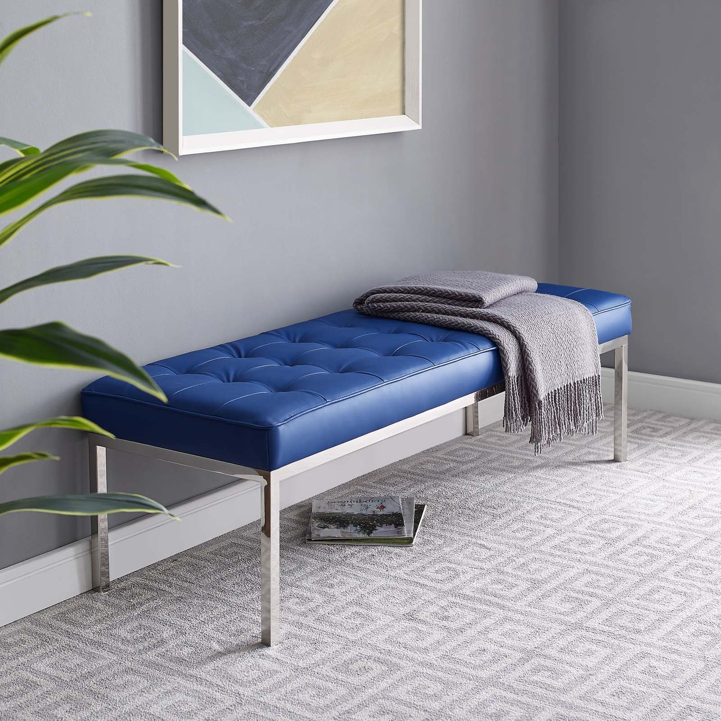 Loft Tufted Button Large Upholstered Faux Leather Bench, Faux Vinyl Leather Metal Steel, Navy Blue Silver, 17343