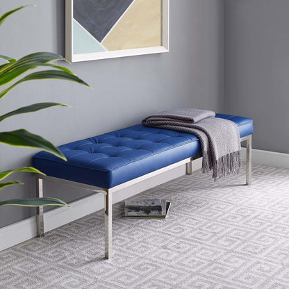 Loft Tufted Button Large Upholstered Faux Leather Bench, Faux Vinyl Leather Metal Steel, Navy Blue Silver, 17343