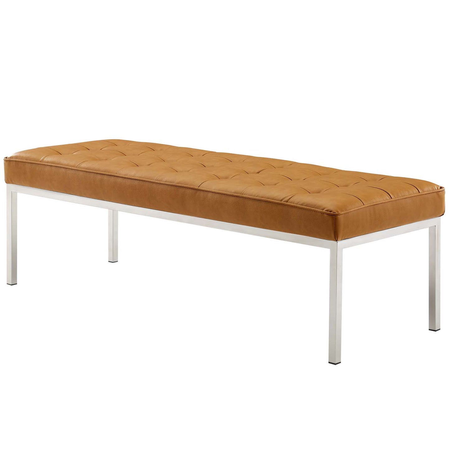 Loft Tufted Large Upholstered Faux Leather Bench, Faux Vinyl Leather Metal Steel, Tan Brown, 17810
