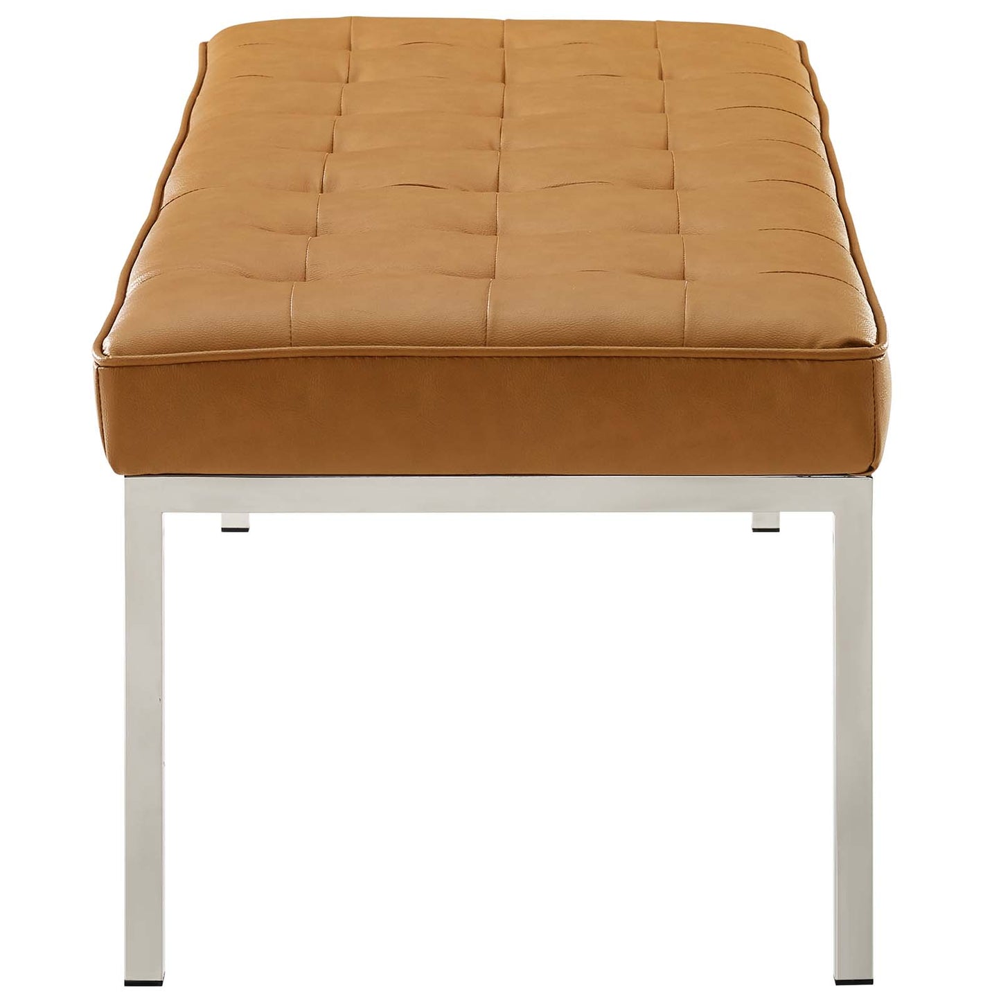 Loft Tufted Large Upholstered Faux Leather Bench, Faux Vinyl Leather Metal Steel, Tan Brown, 17810