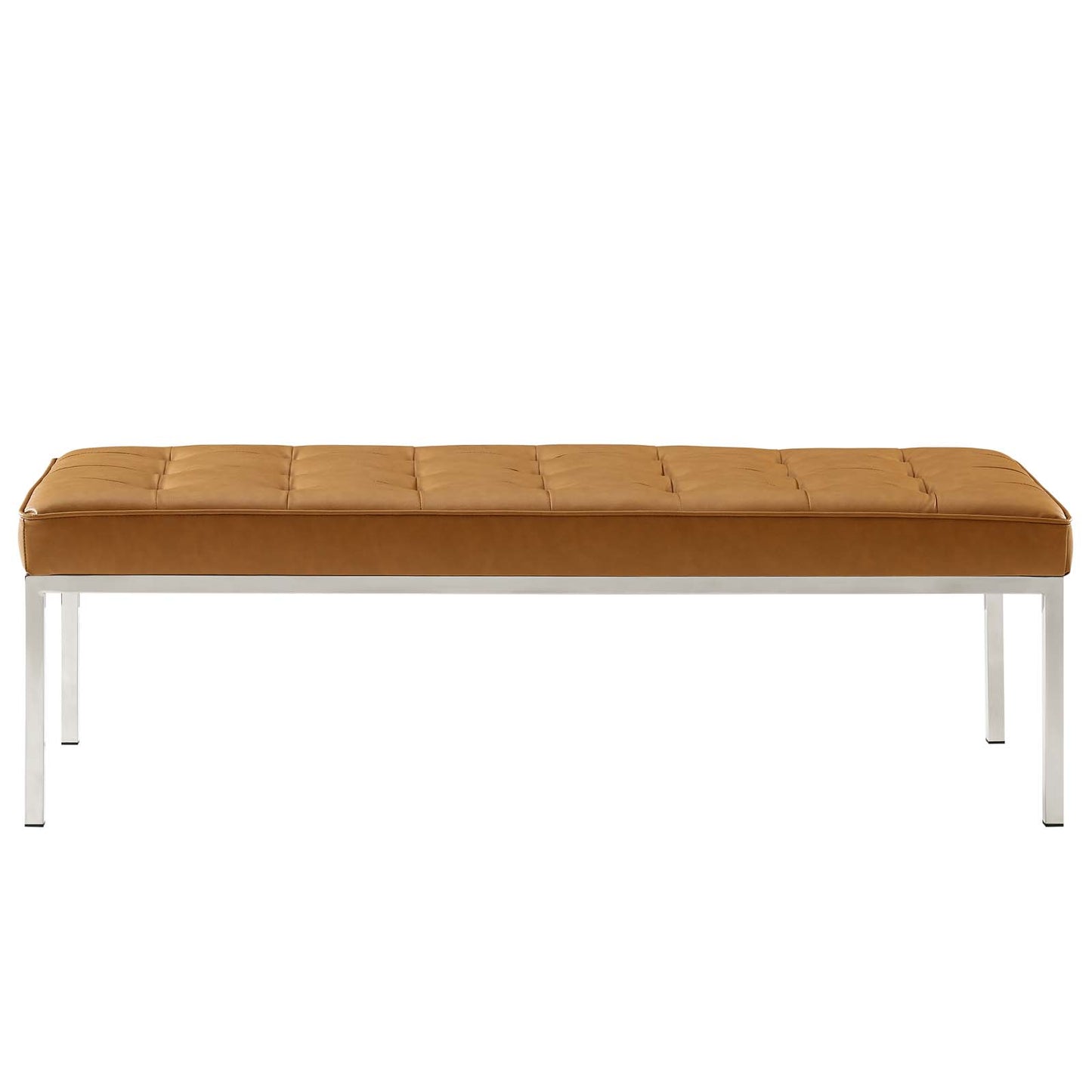 Loft Tufted Large Upholstered Faux Leather Bench, Faux Vinyl Leather Metal Steel, Tan Brown, 17810