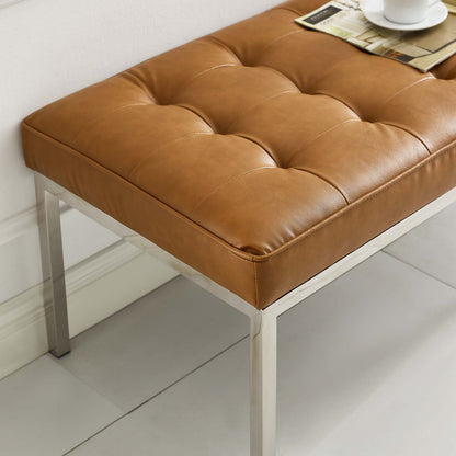 Loft Tufted Large Upholstered Faux Leather Bench, Faux Vinyl Leather Metal Steel, Tan Brown, 17810