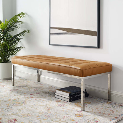 Loft Tufted Large Upholstered Faux Leather Bench, Faux Vinyl Leather Metal Steel, Tan Brown, 17810