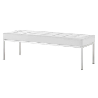 Loft Tufted Button Large Upholstered Faux Leather Bench, Faux Vinyl Leather Metal Steel, White, 17344