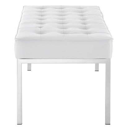 Loft Tufted Button Large Upholstered Faux Leather Bench, Faux Vinyl Leather Metal Steel, White, 17344