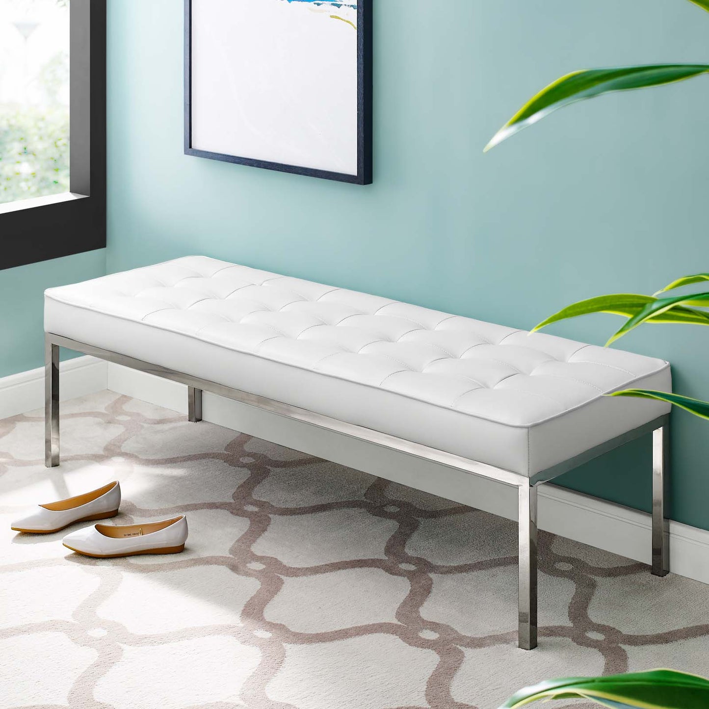 Loft Tufted Button Large Upholstered Faux Leather Bench, Faux Vinyl Leather Metal Steel, White, 17344