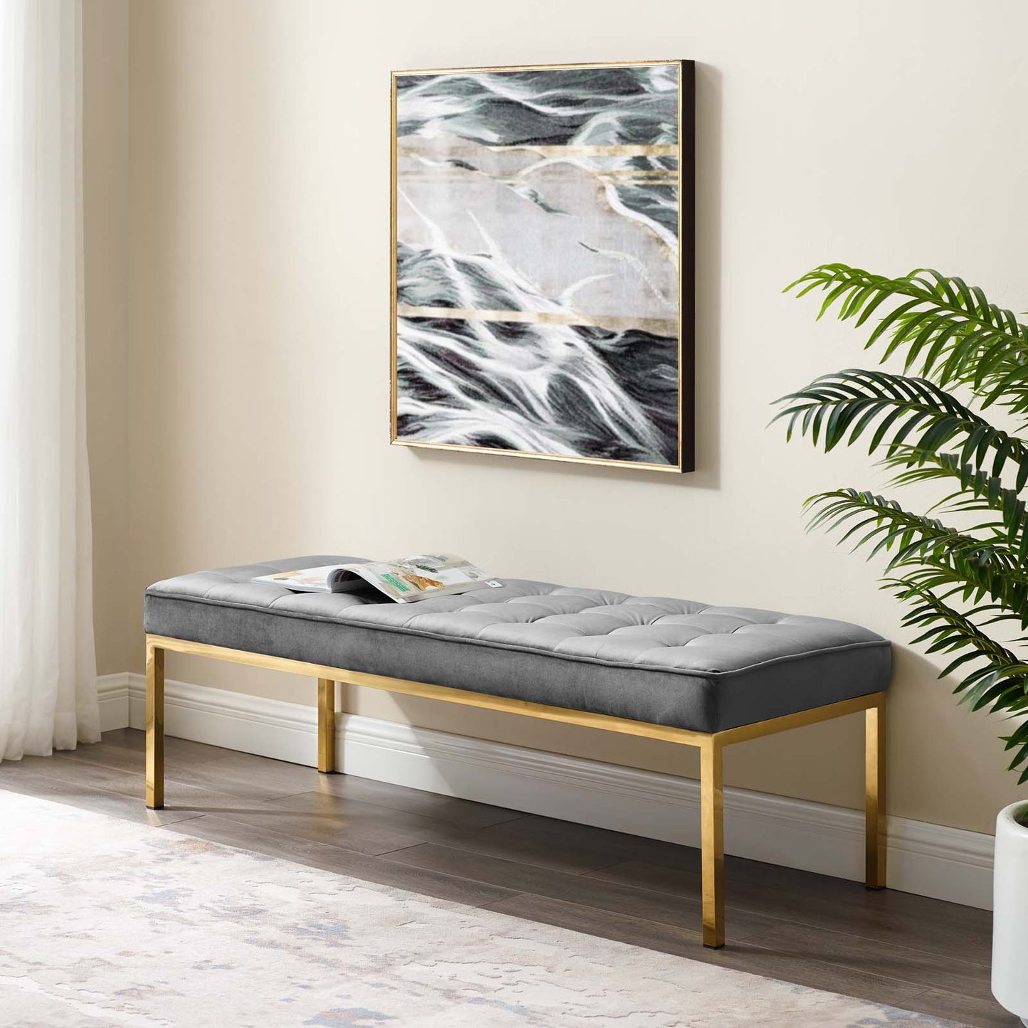 Loft Gold Stainless Steel Leg Large Performance Velvet Bench, Velvet Fabric Metal Steel, Gold Grey Gray, 17811