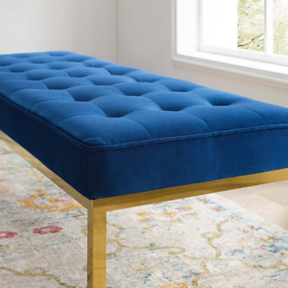 Loft Gold Stainless Steel Leg Large Performance Velvet Bench, Velvet Fabric Metal Steel, Gold Blue Navy, 17345