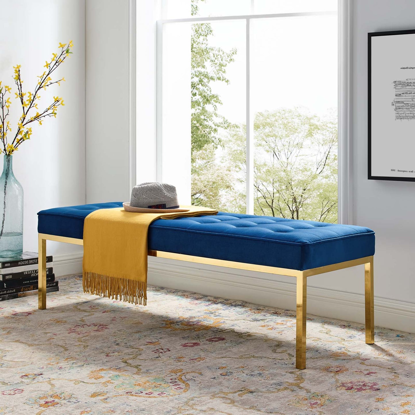 Loft Gold Stainless Steel Leg Large Performance Velvet Bench, Velvet Fabric Metal Steel, Gold Blue Navy, 17345