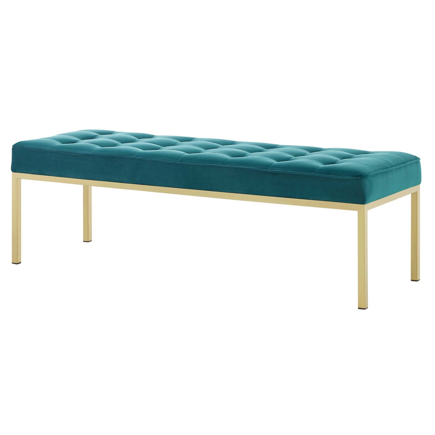 Loft Gold Stainless Steel Leg Large Performance Velvet Bench, Velvet Fabric Metal Steel, Gold Aqua Blue, 17346