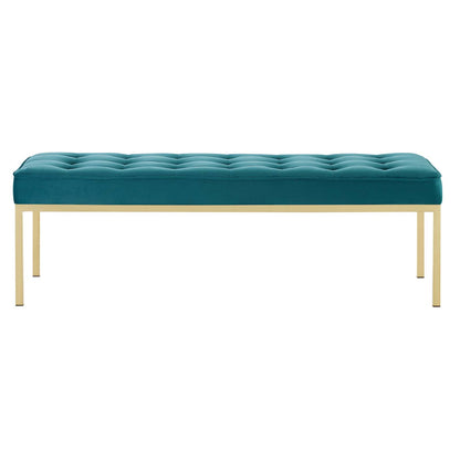 Loft Gold Stainless Steel Leg Large Performance Velvet Bench, Velvet Fabric Metal Steel, Gold Aqua Blue, 17346