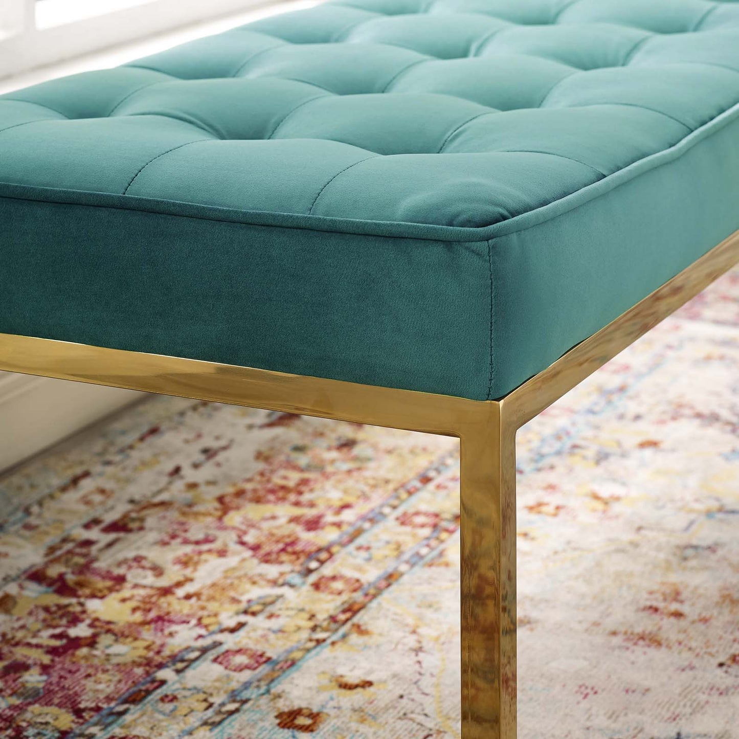 Loft Gold Stainless Steel Leg Large Performance Velvet Bench, Velvet Fabric Metal Steel, Gold Aqua Blue, 17346