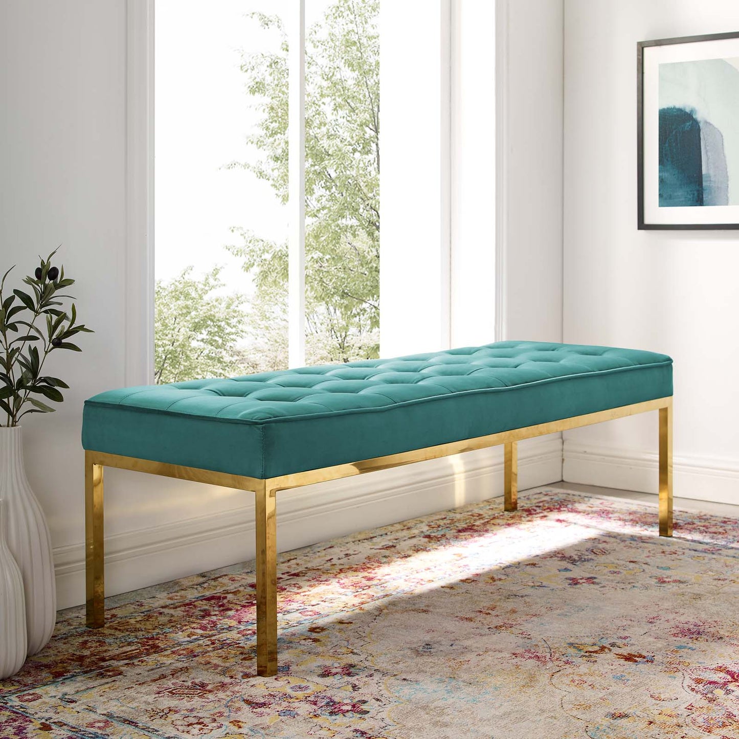 Loft Gold Stainless Steel Leg Large Performance Velvet Bench, Velvet Fabric Metal Steel, Gold Aqua Blue, 17346