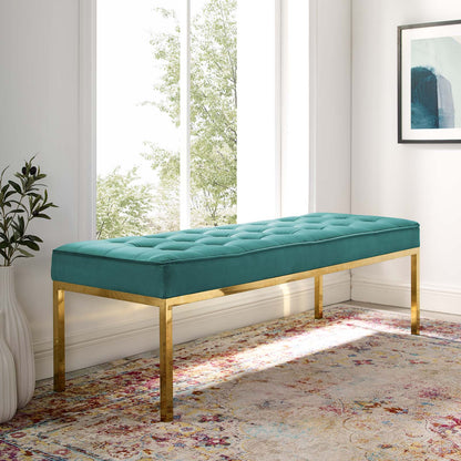 Loft Gold Stainless Steel Leg Large Performance Velvet Bench, Velvet Fabric Metal Steel, Gold Aqua Blue, 17346