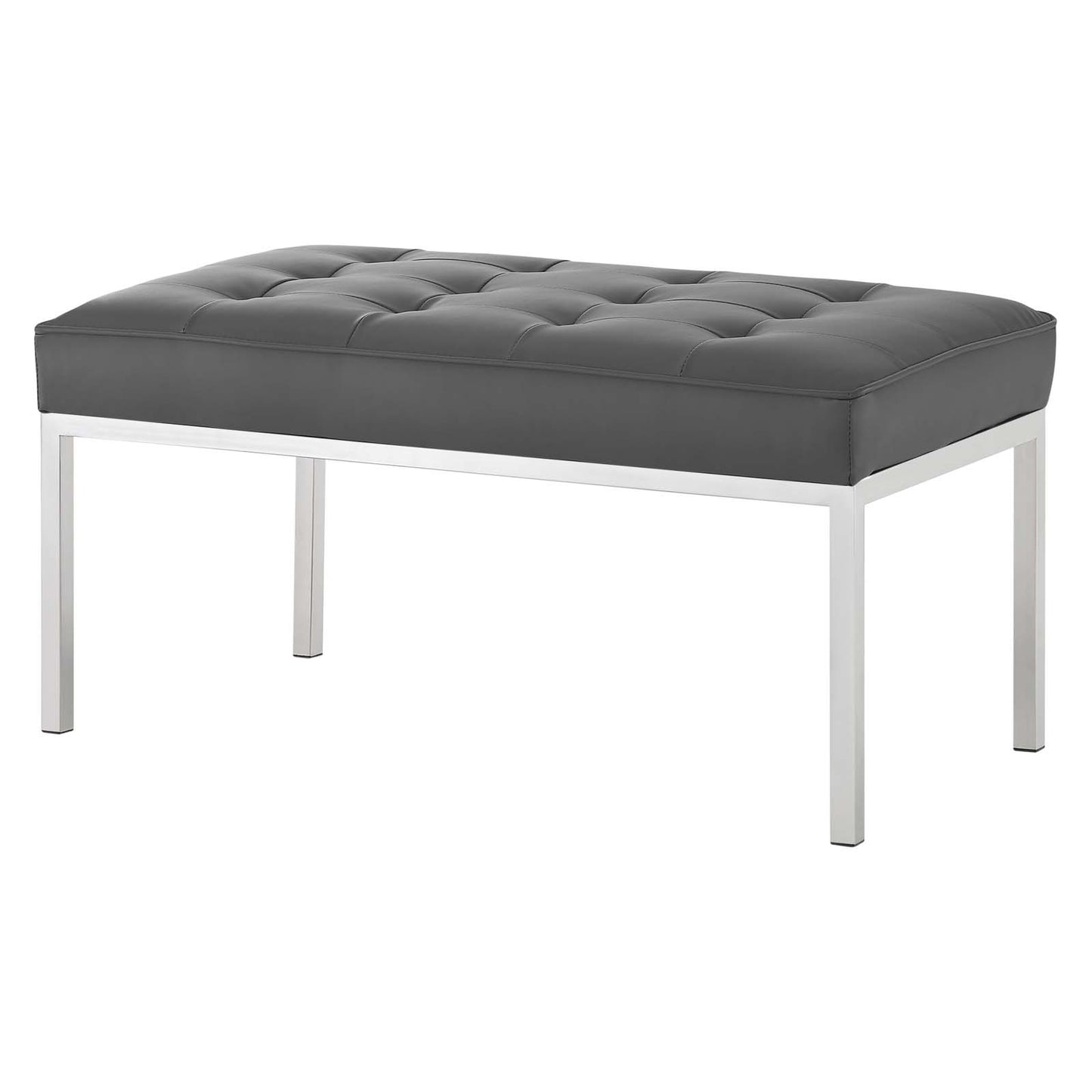 Loft Tufted Button Medium Upholstered Faux Leather Bench, Faux Vinyl Leather Metal Steel, Grey Gray Silver, 17347