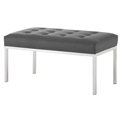 Loft Tufted Button Medium Upholstered Faux Leather Bench, Faux Vinyl Leather Metal Steel, Grey Gray Silver, 17347