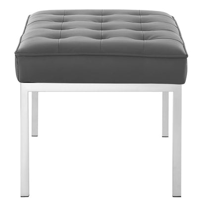 Loft Tufted Button Medium Upholstered Faux Leather Bench, Faux Vinyl Leather Metal Steel, Grey Gray Silver, 17347