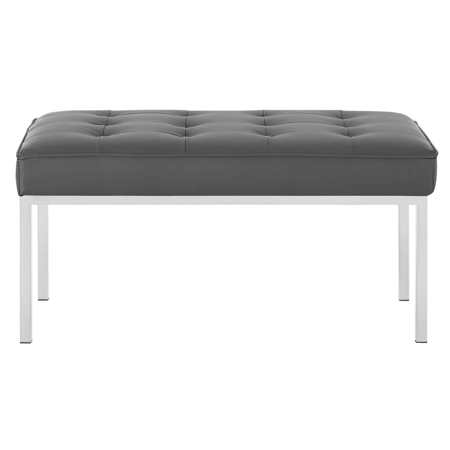 Loft Tufted Button Medium Upholstered Faux Leather Bench, Faux Vinyl Leather Metal Steel, Grey Gray Silver, 17347