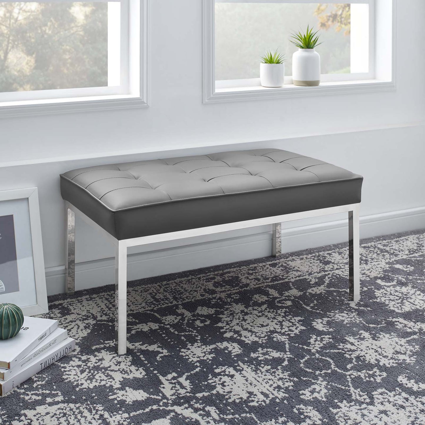 Loft Tufted Button Medium Upholstered Faux Leather Bench, Faux Vinyl Leather Metal Steel, Grey Gray Silver, 17347